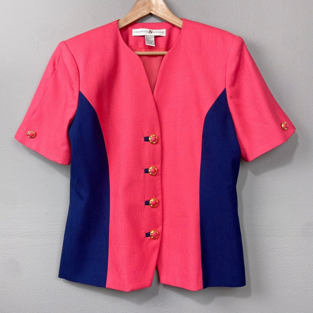 Vintage 90s Blazer Top Womens Size 16 Pink Navy Colorblock Gold Button Jacket